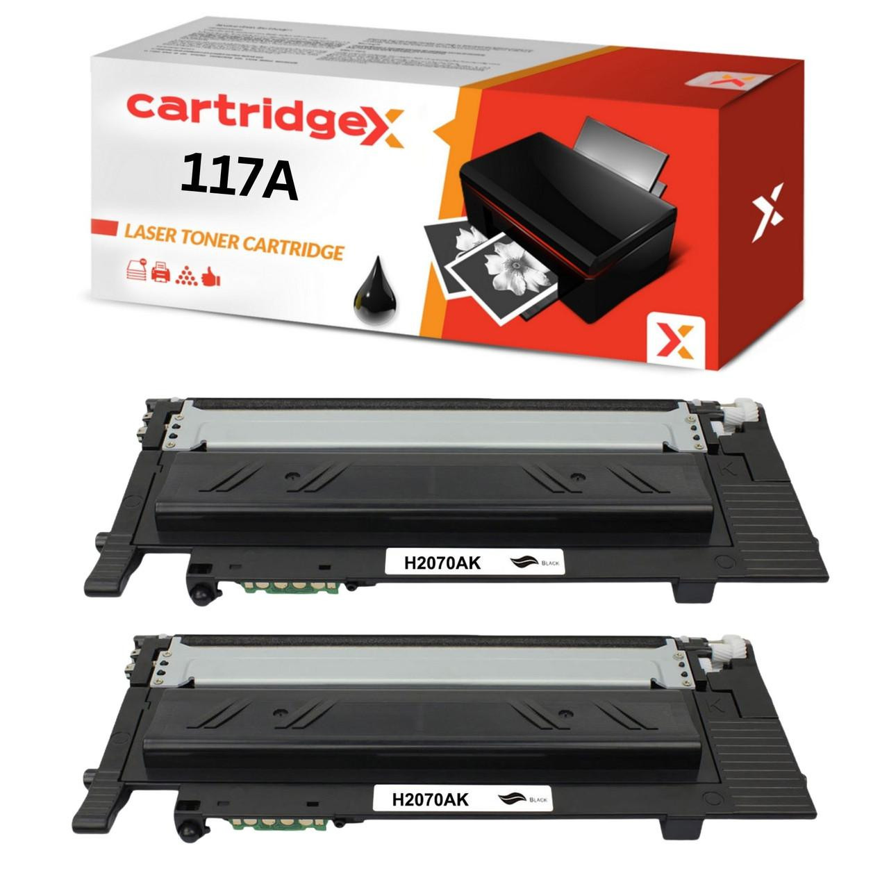 Cartridgex Compatible 2 Pack Black Toner Cartridge Replacement for HP 117A W2070A, image of the toner cartridges and packaging box with printer icon.