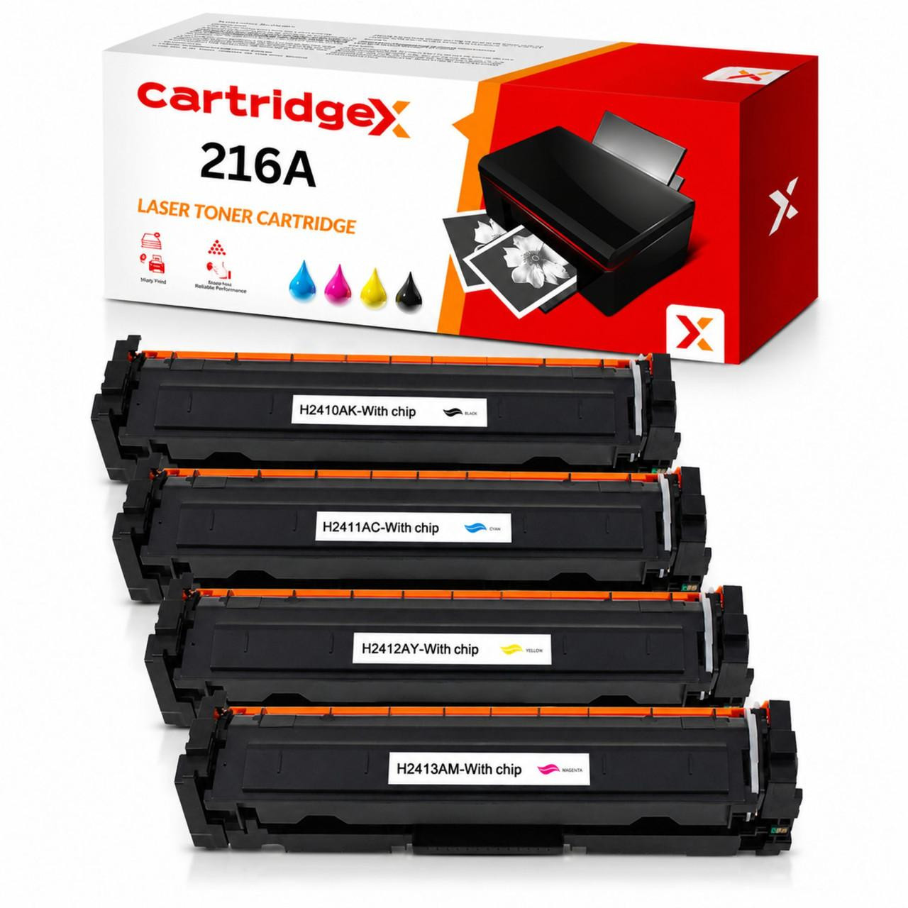 Cartridgex Compatible 4 Pack Toner Cartridge Set, replacement for HP 216A W2410A W2411A W2412A W2413A, with four black toner cartridges for HP laser printers.