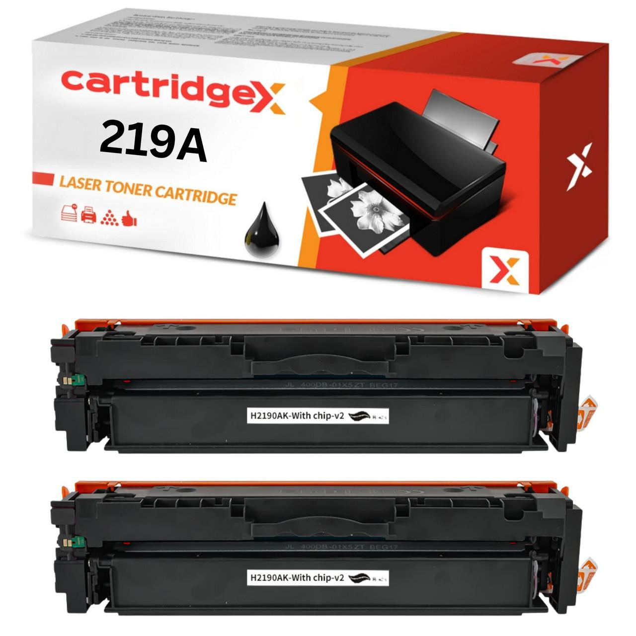 Cartridgex Compatible 2 Pack Black Toner Cartridge Replacement for HP 219A W2190A, image showing two black toner cartridges and the product packaging with printer and print sample images.