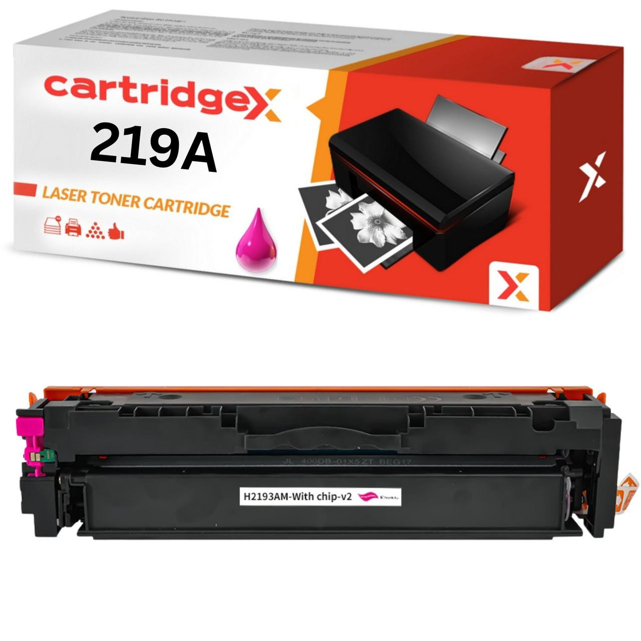 Cartridgex Compatible Magenta Toner Cartridge Replacement For HP 219A W2193A, black toner cartridge with packaging and chip for HP printers.