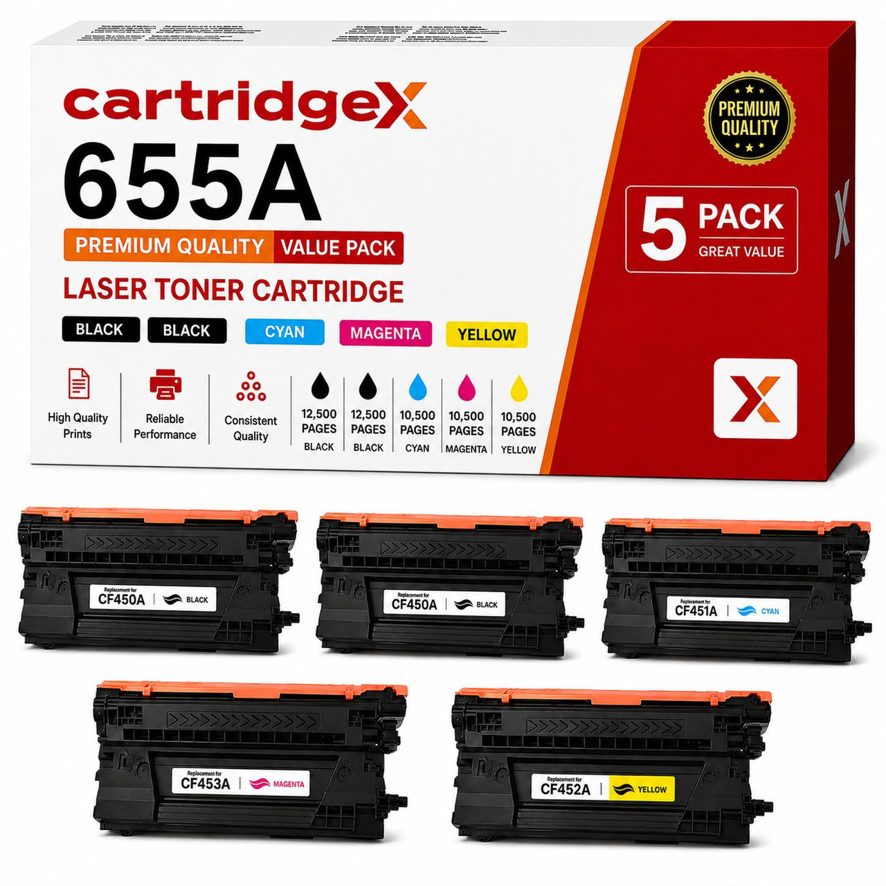 Cartridgex Compatible HP 655A Toner Cartridge Set Black Cyan Magenta Yellow with Extra Black, image of five toner cartridges in black, cyan, magenta, yellow, and extra black, and product packaging.