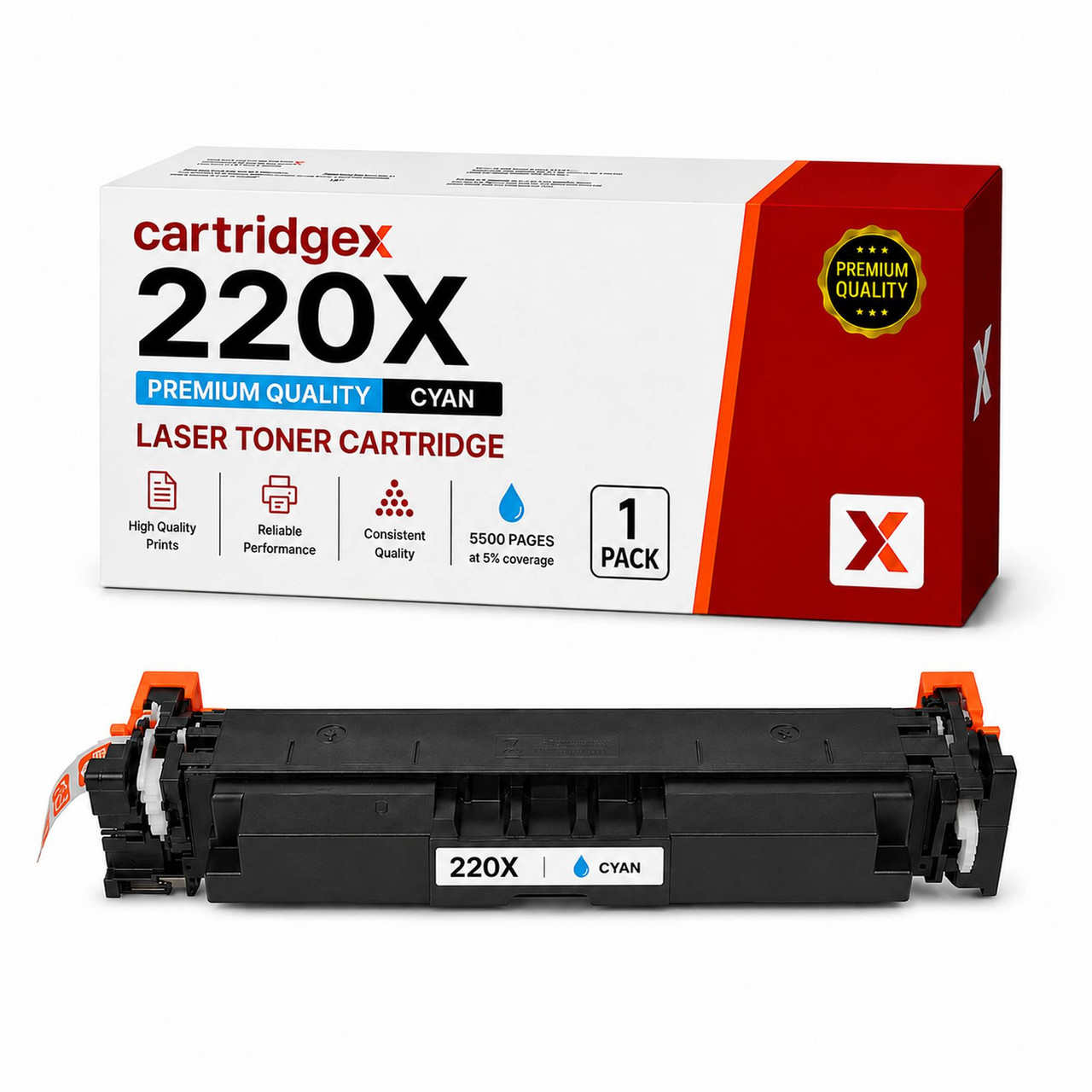 Cartridgex Compatible HP 220X High Capacity Cyan Toner Cartridge, product image showing the toner cartridge and packaging box for high-quality, reliable laser printing.