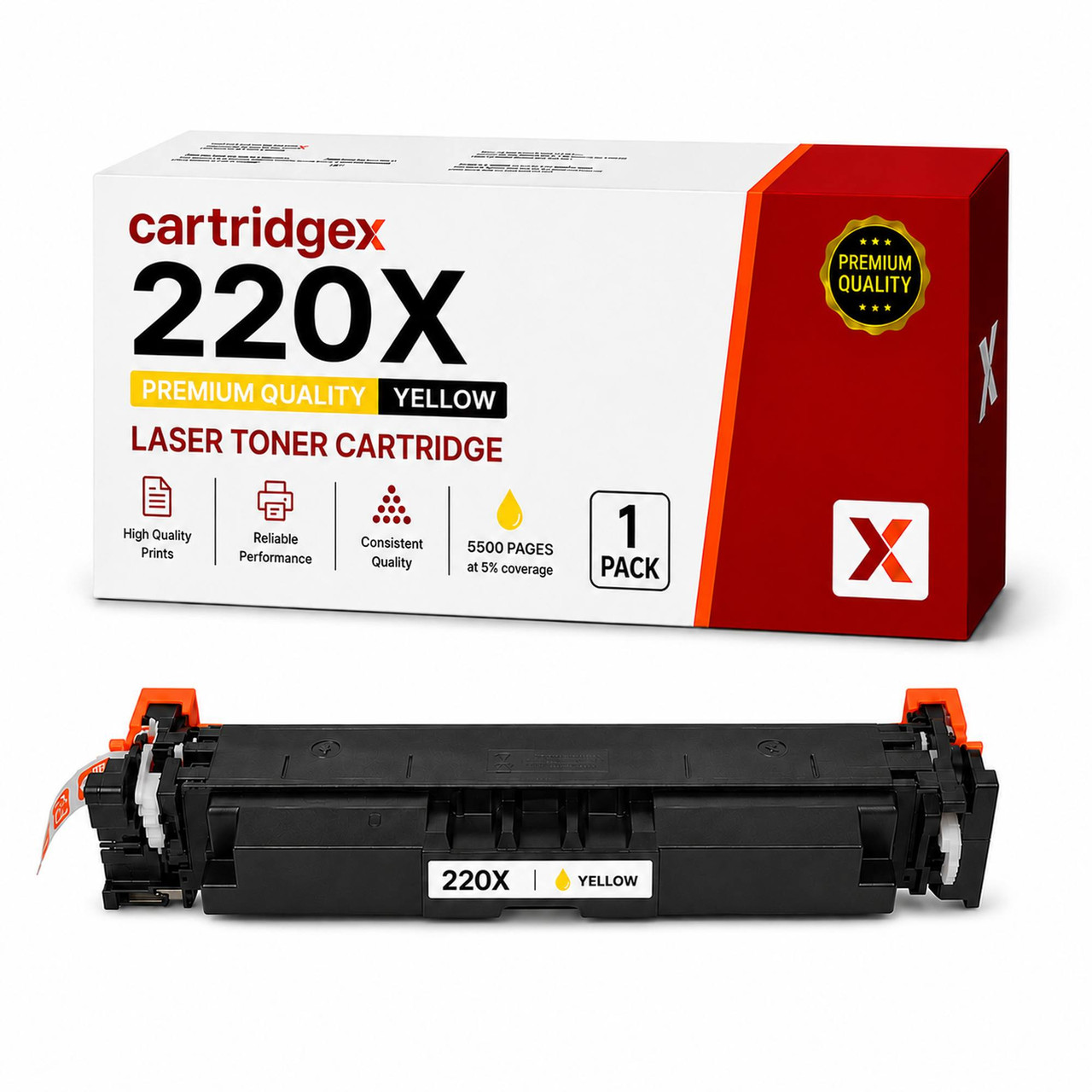 Cartridgex Compatible HP 220X High Capacity Yellow Toner Cartridge Replacement For W2202X, toner cartridge with packaging and product display.