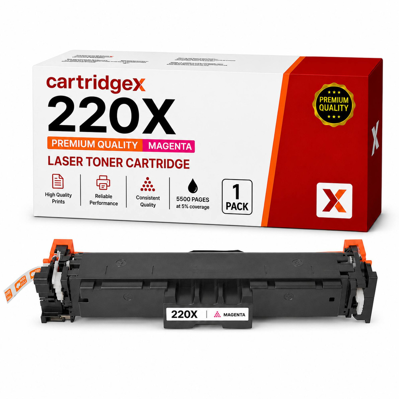 Cartridgex Compatible HP 220X High Capacity Magenta Toner Cartridge Replacement for W2203X, image of the toner cartridge in front of its packaging box displaying product details.