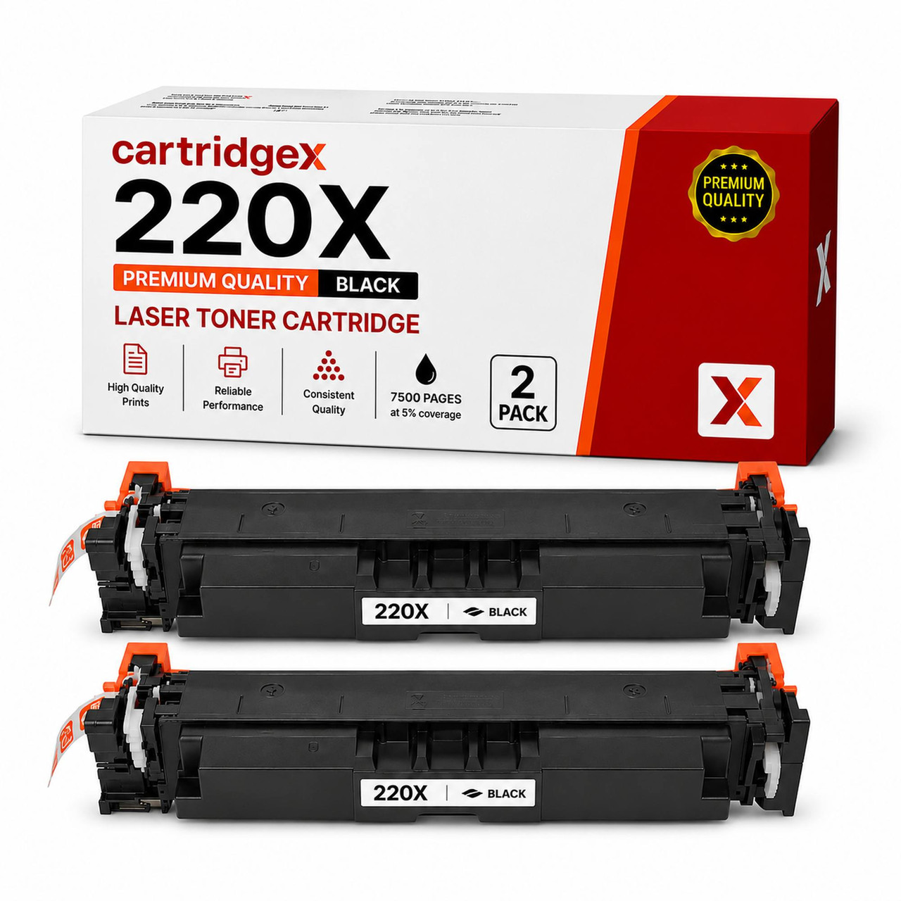Cartridgex Compatible 2 Pack HP 220X High Capacity Black Toner Cartridges for W2200X, image showing two black toner cartridges and their packaging box.