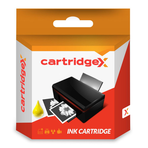 Cartridgex Compatible Epson T0614 Yellow Ink Cartridge, packaging box with ink cartridge depicted alongside prints and a droplet of ink.