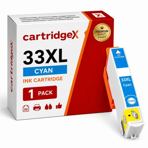 Cartridgex Compatible Cyan Ink Cartridge Replacement For Epson 33XL T3362 High Capacity, image of the cyan ink cartridge and packaging box.