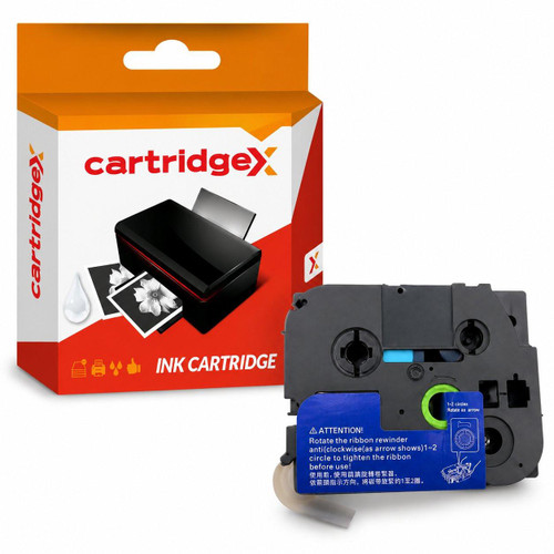 Cartridgex Compatible Label Cassette Tape Replacement for Brother TZe-131 Black on Clear, 12mm x 8m, shown alongside packaging and tape cassette.