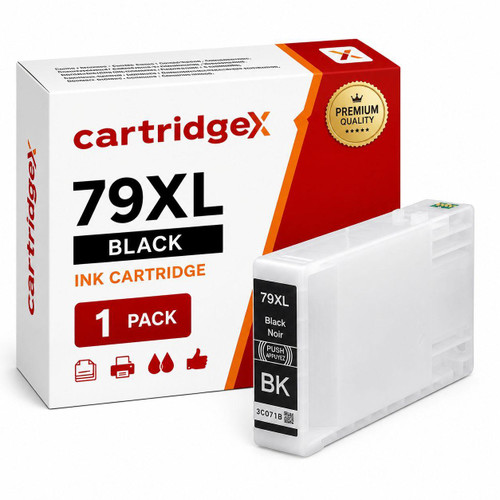 Cartridgex Compatible Black Ink Cartridge Replacement For Epson 79XL T7901 High Capacity, front view of the ink cartridge and packaging.