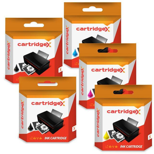 Cartridgex Compatible 5 Ink Cartridge Set Compatible With Epson WorkForce WF-7210DTW and WF-3620, image of five ink cartridge packages with colorful ink drops on the boxes.