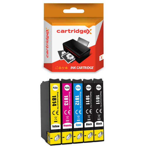 Cartridgex Compatible 5 Pack Ink Cartridge Set Replacement For Epson 18XL T1816 High Capacity (CMYK + Extra Black), image of a set of ink cartridges with color labels and a packaging box for the ink cartridge set.