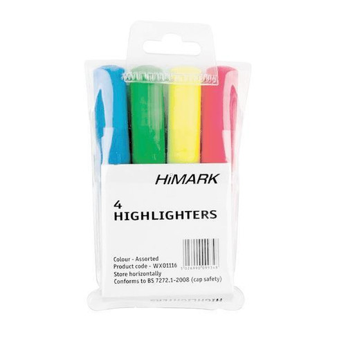 Unbranded Pack of 4 Highlighter Hi-Glo Marker Pens Chisel Tip Assorted Colour 7910WT4, image showing four highlighters in blue, green, yellow, and pink colors in a clear plastic packaging.