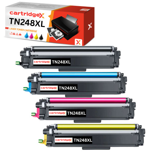 Cartridgex Multipack Toner Cartridge, compatible with Brother TN248XL printers. Showcasing sleek, durable cartridges designed for high-volume printing, the image highlights their eco-friendly build and vibrant color capabilities. Ideal for office or home use, these toner cartridges ensure sharp, professional-quality prints at a cost-effective price