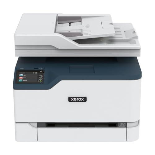 Xerox C235dni A4 22ppm Colour Wireless Laser Multifunction Printer with Duplex 2-Sided Printing - Copy/Print/Scan/Fax Colour Touchscreen, front view of the multifunction color laser printer with paper tray and control panel.