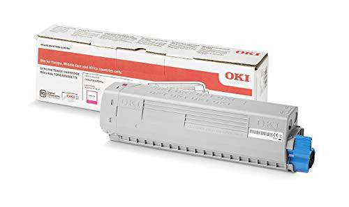 OKI C824/834/844 Magenta Toner 5K, image of the toner cartridge with its packaging box in the background.