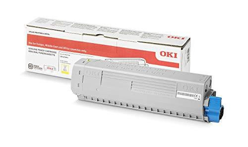 OKI 834/844 YELLOW TONER 10K, a replacement toner cartridge with a grey body and blue handle handle for compatible printers.