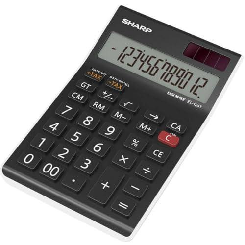Sharp EL-124TWH Office Desktop Calculator - Black/White, digital calculator with large display screen, solar power, and multiple function keys for office use.