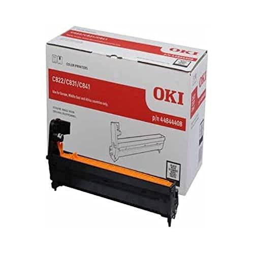 Oki C831/841 EP Toner Cartridge - Black, standalone printer toner cartridge with orange and black parts in front of its white and red packaging box.