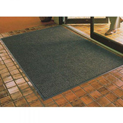 Mat Mr Brush Step 3x5ft Grey 312091, grey rectangular entrance mat on brick flooring inside a building.