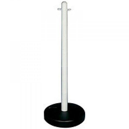 FD Freestand Post Concrete Base Wht, a white freestanding post mounted on a round black concrete base.