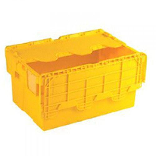 VFM 375817 Attached Lid Container, 54 L, Yellow, plastic storage bin with attached lid and open top for versatile storage solutions.