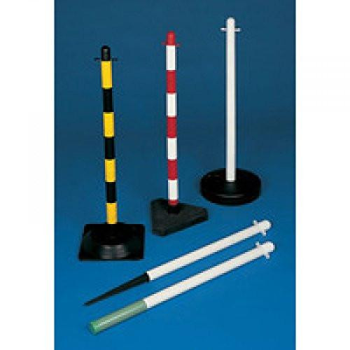 FD Freestanding Post Red/White 371441, image of three freestanding posts in black, red/white striped, and plain white, with two white safety barrier poles lying in front on a blue background.