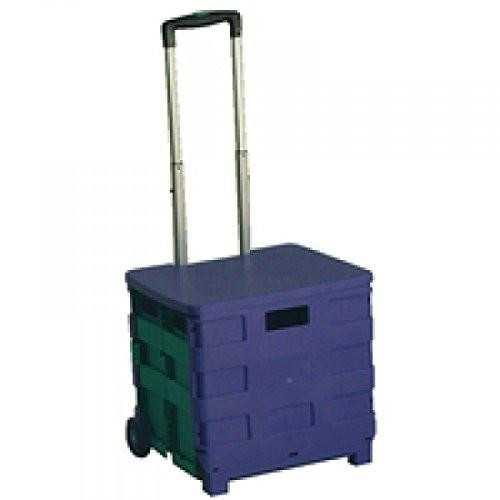 VFM 379531 Folding Container Trolley with Blue Lid, Green, a mobile storage cart with a foldable container and a telescopic handle.