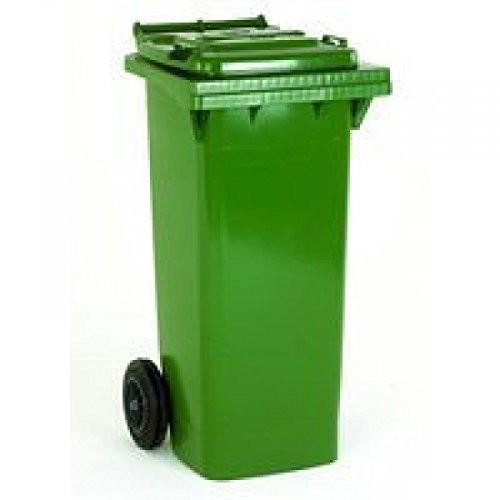 Wheelie Bin 140 Litre Green 331150, green outdoor waste bin with wheels and lid for recycling and garbage collection.