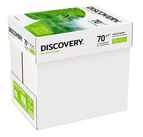 Discovery 391425 Paper A4 70gsm 5X Reams - 1x Box, image of a white box containing 2,500 sheets of white A4 paper with green and black packaging design.