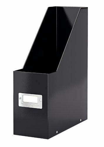 Leitz Magazine File holder, A4, Cardboard Document Storage Box with Label, Foldable with Label, for Home, Office & School, Click and Store Range 60470095 - Black, black magazine file holder with a label window and foldable design.