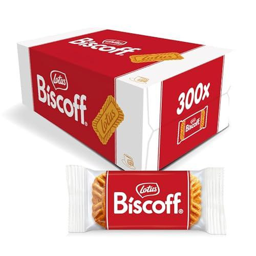 Biscoff Original Caramelised Single Biscuits in catering size pack of 300, featuring a red and white box with Lotus logo and a individually wrapped biscuit with Biscoff branding.