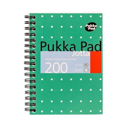 Pukka Jotta Pad A6 80gsm Ruled With Margin 200 Pages 100 Sheets, green notebook with white polka dots, spiral binding on the left side, and the Pukka Pad logo on the top right corner.