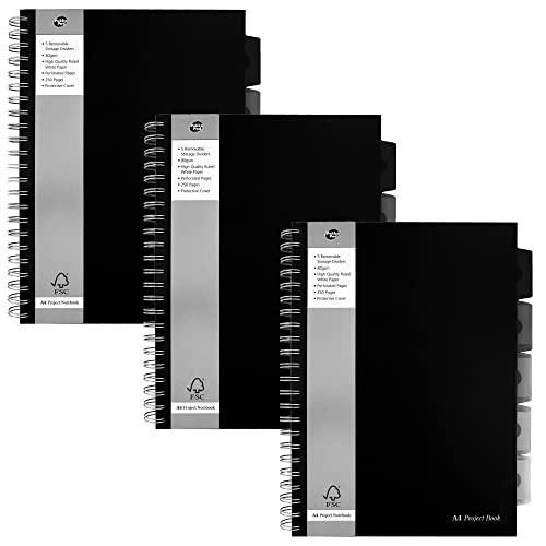 Pukka Pad, A4 Executive Project Notebook 3-Pack - Wirebound notebooks with black covers, featuring 8mm feint ruled lines on 80GSM paper, including 5 repositionable dividers with storage pockets, 250 pages each.
