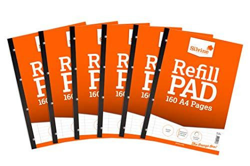 Silvine SV41803 A4 Refill Feint Pad, pack of 6 refill pads with orange and black cover design and white grid pattern at the bottom.