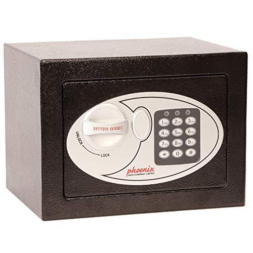 Phoenix Safe Compact Home Office SS0721E Security Safe with Electronic Lock, Steel, Black, front view of the black steel safe with keypad and digital lock