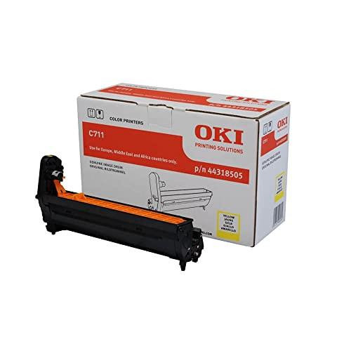 OKI C711 Laser Drum Unit Page Life 20000pp Yellow Ref 44318505, black and orange drum unit placed in front of a white box with red and white labeling.