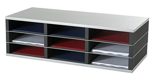 Fast Paper 9 Compartment A4 Sorter, black and white plastic organizer with nine compartments filled with documents and papers.