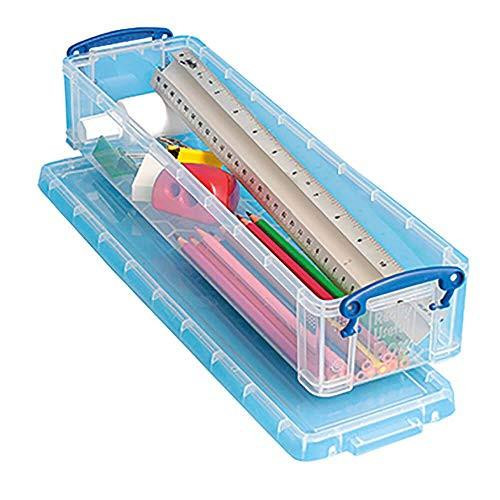Really Useful Plastic Storage Box 1.5 Litre Clear, transparent plastic storage container open with various stationery items inside.