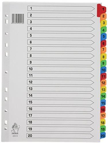 Rexel Mylar A4 1-20 Index White Colour Tab, clear index sheet with numbered tabs from 1 to 20 in various colors including red, orange, yellow, green, blue, and pink.