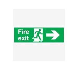 SIGNSLAB E99A/S Safety Sign 'Fire Exit Running Man Arrow - Right', Self-Adhesive, 150 mm x 450 mm, featuring a running man icon and a right-pointing arrow indicating the emergency exit direction.