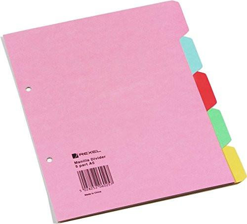 Rexel Manilla A4 Dividers 5 Part - Assorted Colours, pink file with colorful divider tabs in blue, red, green, and yellow.