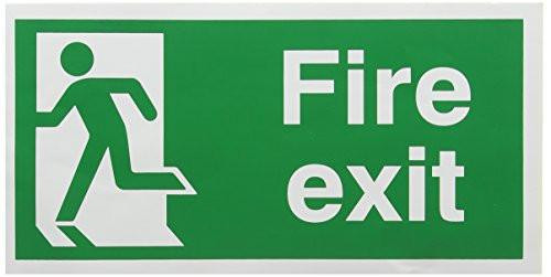 SIGNSLAB E96A/S Safety Sign 'Fire Exit Running Man - Left', Self-Adhesive, 150 mm x 300 mm, green and white fire safety sign with running man symbol and an arrow indicating the fire exit direction.