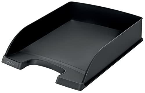 Leitz A4 Letter Tray, Black, Plus Range, 52270095, an open-top desktop paper tray designed for organizing A4 size documents in black color with a modern, minimalist style.