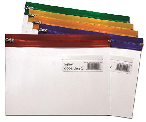 Snopake A5 Zippa-Bag S Classic with Write-On Label, pack of 25, 255 x 190 mm - Transparent/Assorted Zip Strips, in green, orange, blue, purple, and red color options.