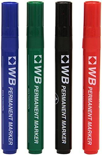 Whitebox Wx26088a Permanent Marker with Bullet Tip, Multicoloured, Assorted Pack of 4, featuring blue, green, black, and red markers.