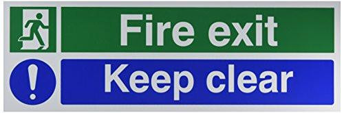SIGNSLAB EC08S/R Safety Sign 'Fire Exit Keep Clear', PVC, 150 mm x 450 mm, green and blue fire safety sign with directional symbol and safety message