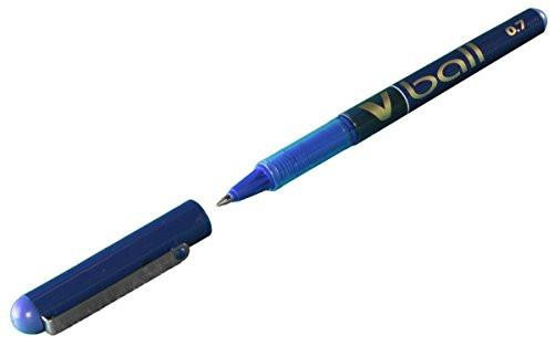 Pilot Vball 7 Liquid Ink Rollerball 0.7 mm tip (Box of 12) - Blue, close-up of the blue liquid ink rollerball pen with cap removed, showing the pen tip and transparent body.