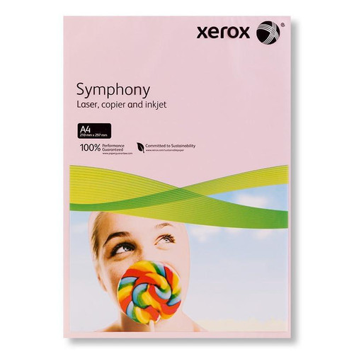Xerox Symphony Coloured Paper Multifunctional Ream-Wrapped 80gsm A4 Mid Lilac, product packaging with an image of a person with a rainbow lollipop, highlighting the paper type and weight
