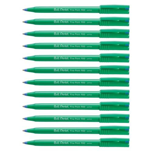 Pentel R50 Rollerball Pen Green Barrel Water-based 0.8mm Tip 0.4mm Line Blue Ref R50 [Pack of 12], image showing a set of 12 green barrel pens with blue ink tips arranged in a row.