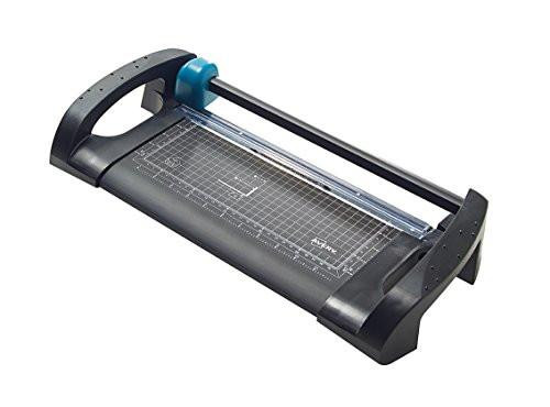 Avery A4 A4TR Office Trimmer - Paper Cutter, Black and Teal, with a cutting blade and measurement grid for precise paper trimming.
